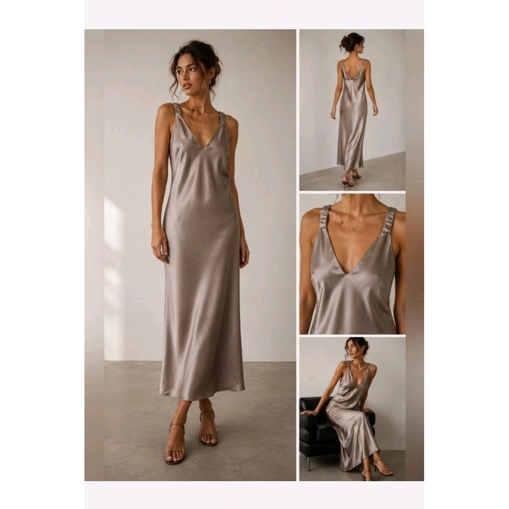 Women's Maxi Slip Dress Tan Taupe Formal Silky Romantic Hoco Prom Elegant Size L